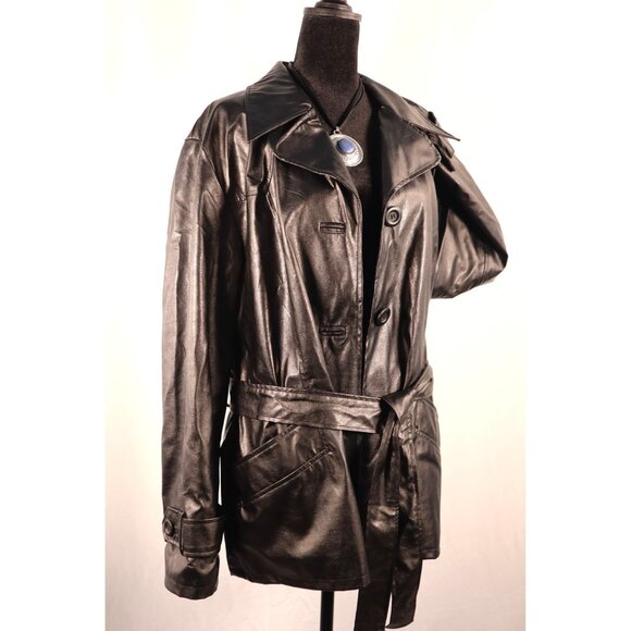 Vintage 90s Y 20K Jennyfer J Faux‎ Black Leather Trench Coat Women's Size 2X - Picture 9 of 16